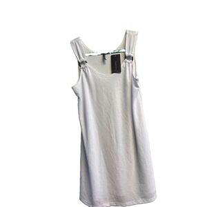 Pontacus Women's White Solid Knit Tank Top Sleeveless Round Neck Ring Accent S